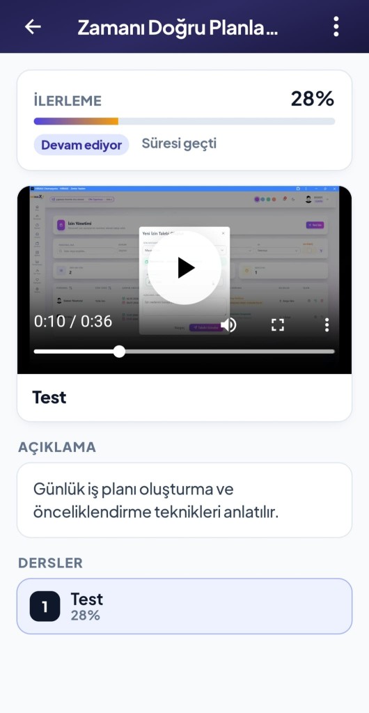 HRMAX mobil eğitim video izleme ve ders ilerleme ekranı