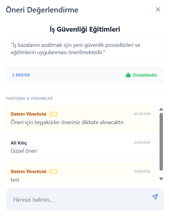 HRMAX öneri değerlendirme paneli — destek, tartışma ve İK yanıtı