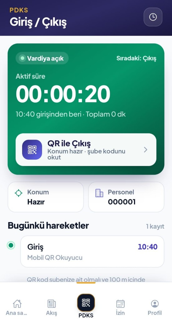 HRMAX mobil PDKS giriş çıkış ve canlı çalışma süresi ekranı